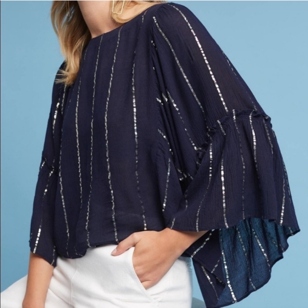 Floreat Anthropologie Emelyn Top Navy Blue Metallic Striped Button Back XS